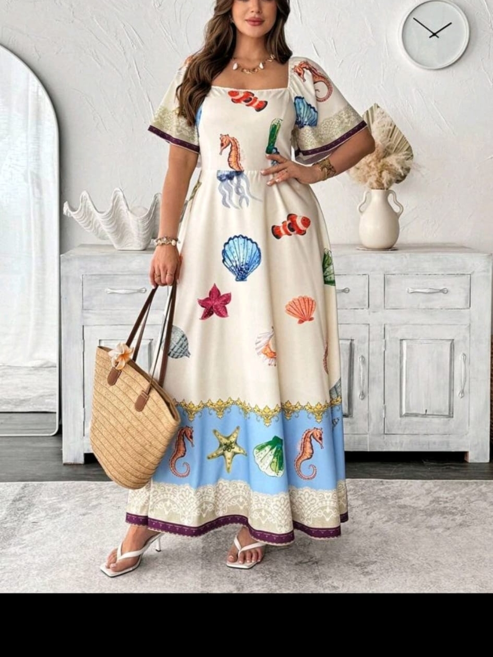 Cream Sea Life Maxi Dress with Blue Border